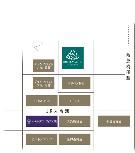 格兰比亚大阪维斯奇欧酒店与大阪站、Grand Front Osaka、LUCUA、阪急百货梅田本店的相对位置示意图